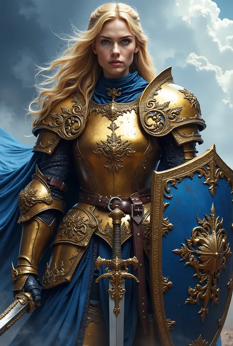 Dressed in intricately carved gold metal armor,,  a determined female medieval warrior, long yellow hair, olhos azuis,  stands with a blue sword in one hand, a blue shield with her family's coat of arms on the other, her fierce gaze fixed on the battlefiel...
