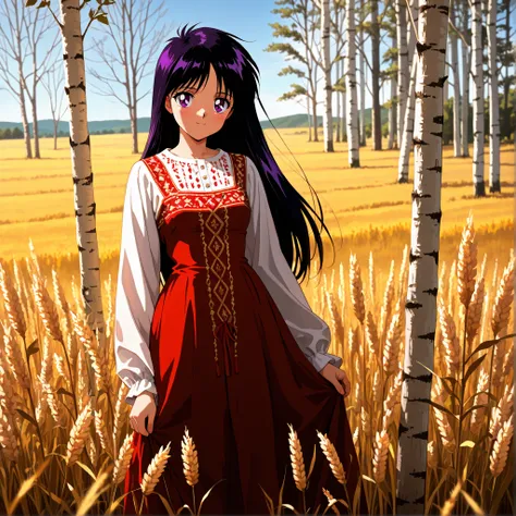 masterpiece, amazing quality, best quality, ultra-detailed, 8K, illustration, clear skin, ultra-detailed-eyes, soft skin, very awa, very as2, soft body, 1990s \(style\), official art, rei hino, black purple hair, long hair, purple eyes, parted bangs, small...