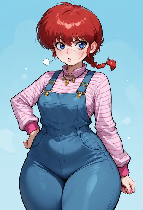 safe_pos, Ranma Saotome. red hair. pigtail. blue eyes. braid. small breasts. huge hips. necklace. black eyeliner. pink manicure. | highres, hi res, best quality, realistic, realism, masterpiece, thick thighs, curvy, 1girl, solo, shortstack, ChuckyXLP, scar...
