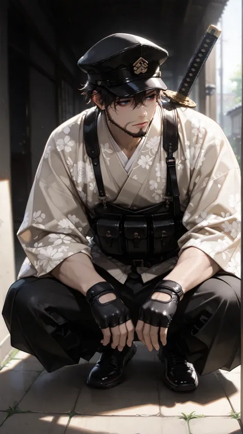  (masterpiece, Highest Quality, High Definition: 1.2),  male, Alone,(masterpiece, Highest Quality, Highest Quality:1.2), Highly detailed,most detailed ((Super Detailed)), (Highly detailedCGイラスト), ((very delicate))、floral crochet uniform、 Japanese sword、 Si...