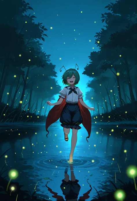 Masterpiece,Best quality, ultra detailed,Japanese Anime style, 1girl,((wriggle Nightbug)),(touhou project),boyish,green hair,short hair,short,mini,small chest, At night, outdoors, near water, fireflies are flying around,she dancing on the water,((beautiful...