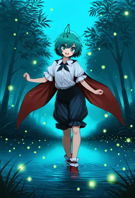 Masterpiece,Best quality, ultra detailed,Japanese Anime style, 1girl,((wriggle Nightbug)),(touhou project),boyish,green hair,short hair,short,mini,small chest, At night, outdoors, near water, fireflies are flying around,she dancing on the water,((beautiful...