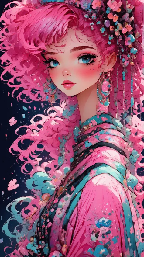 hyperrealistic anime style ,  close up of an African American woman with pink hair with undulating hair,  wearing curlers and pink dress、looking at the camera .,  eyelids painted pink、colorful shimmer ,  colored glitter that shines all over her lips ,  Mr....