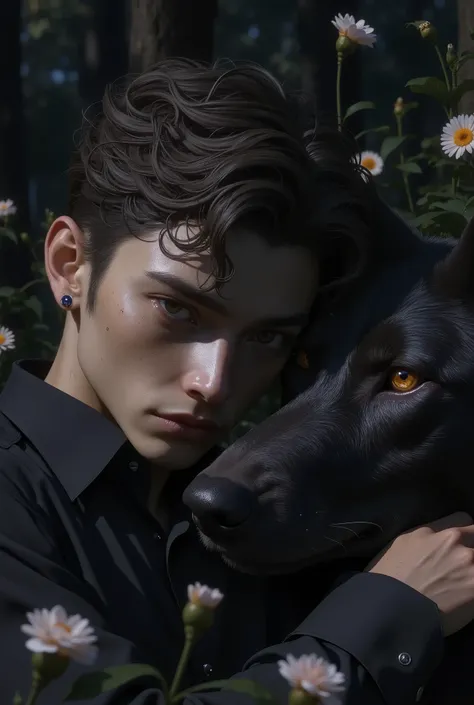 super detailed, UHD, 8k, epic realism, fantasy art, photo art. close-up portrait of In a forest filled with flowers and trees ,A man with short curly hair and brown eyes, with dark circles and a thin face, wearing a black shirt and next to him a big black ...