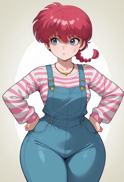 safe_pos, Ranma Saotome. red hair. pigtail. blue eyes. braid. small breasts. huge hips. necklace. black eyeliner. pink manicure. |  highres, hi res, best quality, realistic, realism, masterpiece, thick thighs, wide hips,  saggy breasts, curvy, 1girl, solo,...