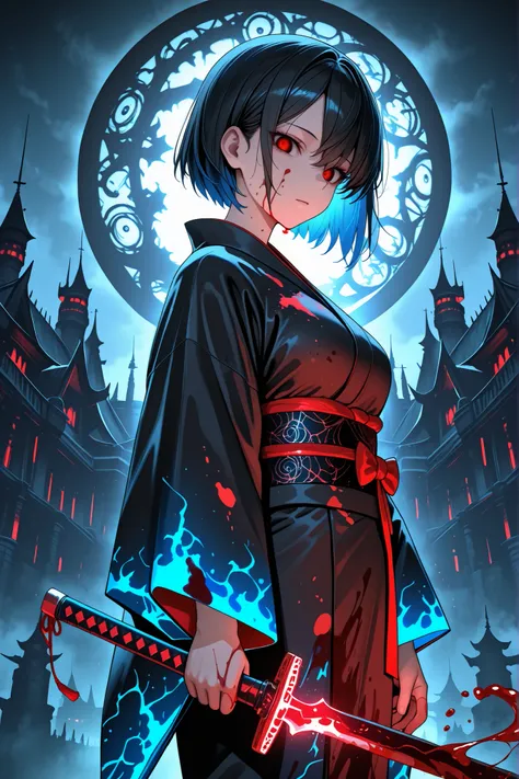 Dark style, High detail, (higres), ultra detailized, ultra quality, Cinematic lighting, Ray tracing, Eye level shots, hyper HD, Masterpiece, 4K, Best quality, 1 villain girl, dark persona, red eyes, glow in the dark eyes, black hair with blue streaks, shor...