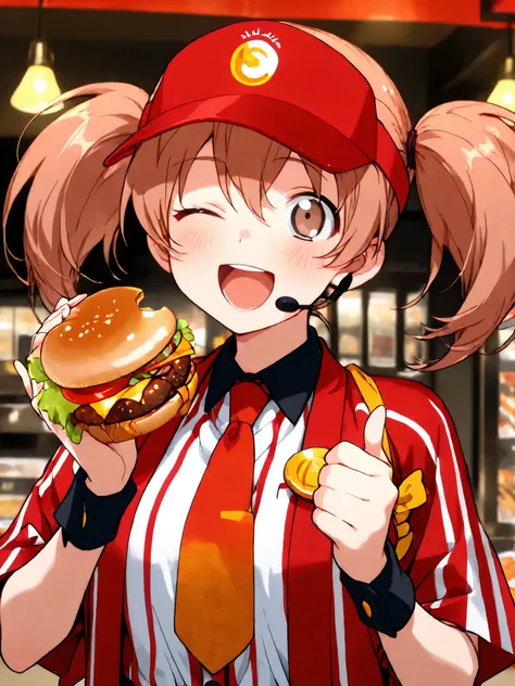 masterpiece,best quality,1girl,sasaki_chiho,hataraku_maou-sama!,madake_dabuchi_tabemi_(cosplay),solo,brown hair,twintails,grey eyes,open mouth,smile,one eye closed,Thumbs up,learge breast, employee uniform, fast food uniform, headset,visor cap,button badge...