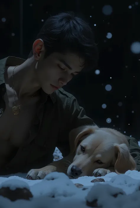super detailed, UHD, 8k, epic realism, fantasy art, photo art. close-up portrait of young man kneeling beside the empty spot where the dog used to lie, snow gently falling, emotional expression, soft shadows, black background, cinematic lighting, hyper-rea...