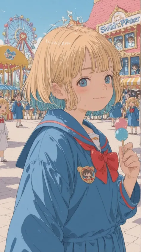 ((anime style+High Definition)) is small, baby face, They seem to be having fun at an amusement park、sunny summer daytime scene、4K High Resolution、Realistic、kindergarten 、vivid color、 Magic Academy Uniform ,Harry Potter world