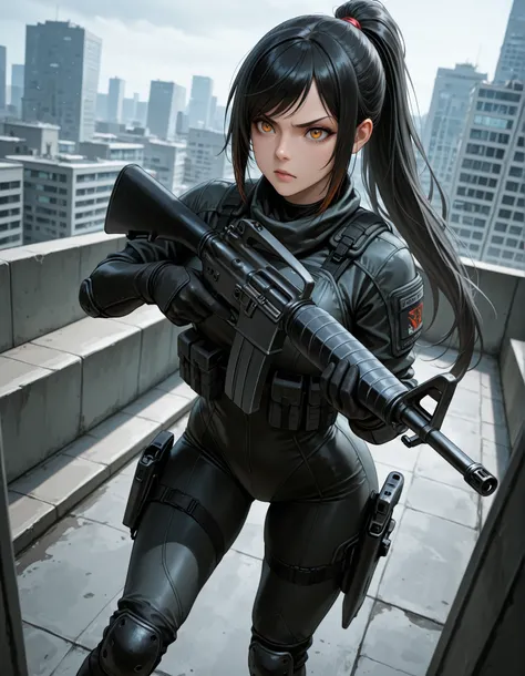 masterpiece, best quality, intricate details, detailed background, high res, highest quality, 8k, solo, solo focus, (perfect face:1.1), (high detail:1.1), 1female, ninja, mercenary, (holstered sword:1.2, katana:1.2) jet black hair, long hair, side-swept ba...