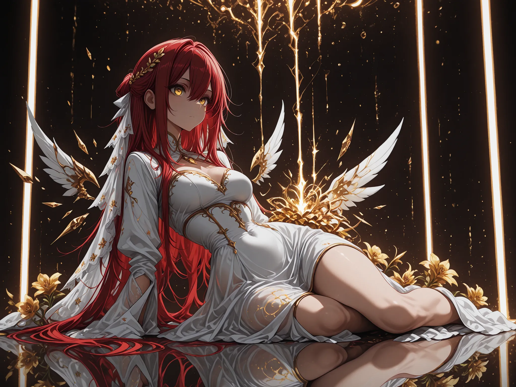 1 girl , golden eyes , very long hair , long sidelocks, red hair ,half updo, petite , very cute , beautiful ,Straight hair, cool, handsome, hair between eyes, sexy, medium breasts
break,
(Flower Bride),
(Wings that pulsate with neon lights:1),
light dress...