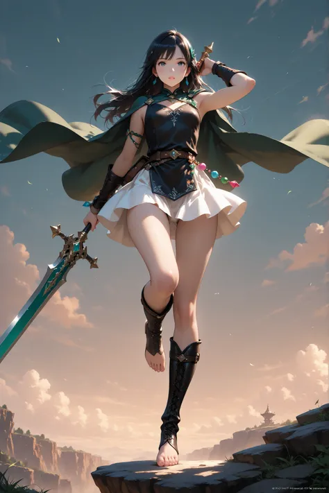 masterpiece, 8k, fantasy world, female character, Highly Detailed Sleeveless Black Tunic, small breasts, Leg Up Dynamic Posing, Barefoot, thigh gap, leather boots, Long Cloak, long hairstyles, Thin black hair, (accessories:1.5), Cinematic Lights, Dramatic ...
