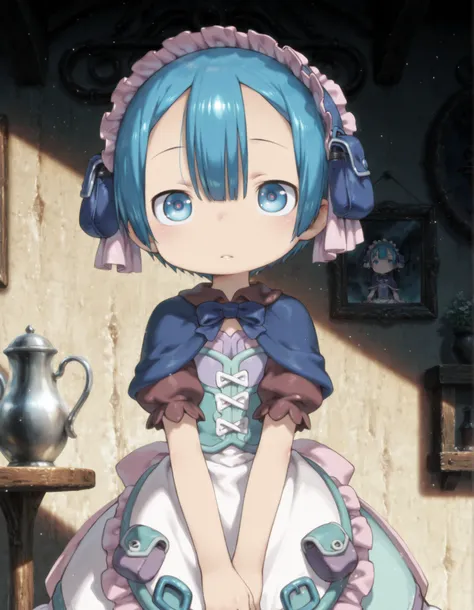 miabyss,, made in abyss,, "solo, Marulk: maruruk, otoko no ko, blue eyes, blue hair, short hair, maid headdress, puffy short sleeves, maid dress, crossdressing, blue capelet", "ultra-detailed, best quality, beautiful eyes, extremely detailed, best quality,...