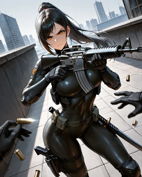 masterpiece, highest quality, 8k, solo, solo focus, highly detailed, (perfect face:1.1), (high detail:1.1), 1female, ninja, mercenary, (holstered sword:1.2, katana:1.2) jet black hair, long hair, side-swept bangs, ponytail hair, amber eyes, beautiful detai...