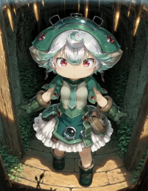 miabyss,, made in abyss,, "solo, 1girl, prushka, hair between eyes, red eyes, curled hair, flipped hair, green dress, green footwear, green gloves, green headwear,", "ultra-detailed, best quality, beautiful eyes, extremely detailed, best quality, beautiful...
