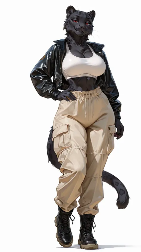 masterpiece, best quality, amazing quality, very aesthetic, high resolution, ultra-detailed, absurdres, newest, female, panther, black fur, big breasts, red eyes, happy, smile, paws, claws, fluffy tail, (big black boots, beige cargo pants, black jacket, wh...