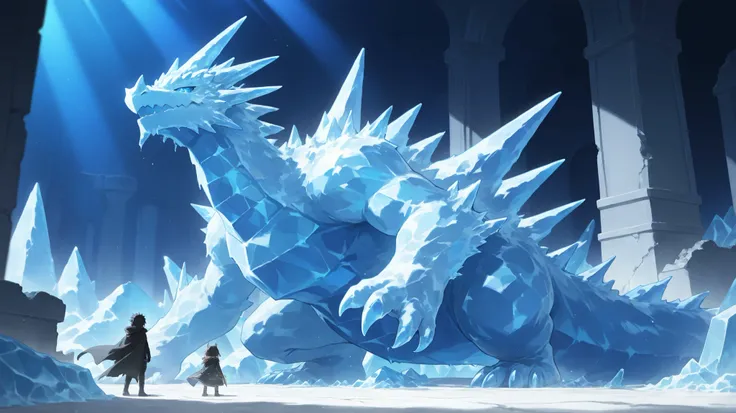 dungeon , (((dragon))),ruins of an ancient ice castle, 两侧展开巨大的dragon翼,with strong contrast between light and dark {x} The front is surrounded by frozen rocks, Unreal Engineのスタイルで描かれています, featuring complex structures, BLUE, high contrast between light and d...