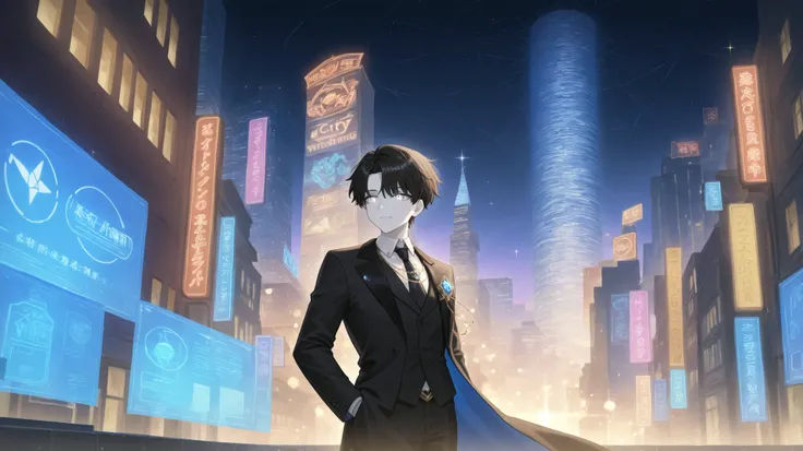 Modern Fantasy The city's vibrant skyline , 27 year old boy、 her dark hair 、 stands out in contrast to her white skin ., Neon lights illuminate the city Silver eyes that seem to reflect lights . Wear an elegant black suit adorned with delicate gold deta...