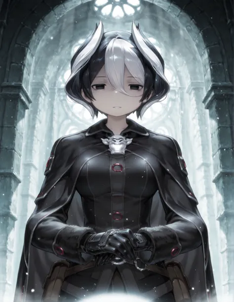  miabyss,, made in abyss,, "solo, 1girl, ozen, black eyes, empty eyes, white hair, two-tone hair, short hair, hair between eyes, black cape, long sleeves, black gloves, tall female,", "ultra-detailed, best quality, beautiful eyes, extremely detailed, best ...