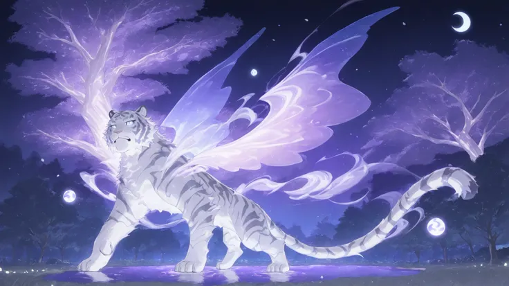 Pond at night:1.5, (masterpiece),(Highest Quality:1.0), (ultra high resolution:1.0), detailed illustration, detailed landscape, a super large white tiger stands behind a vibrant colors, 8k, night, Mooncloud , (( Magical, beautiful , trees:1.4 )), (( High...