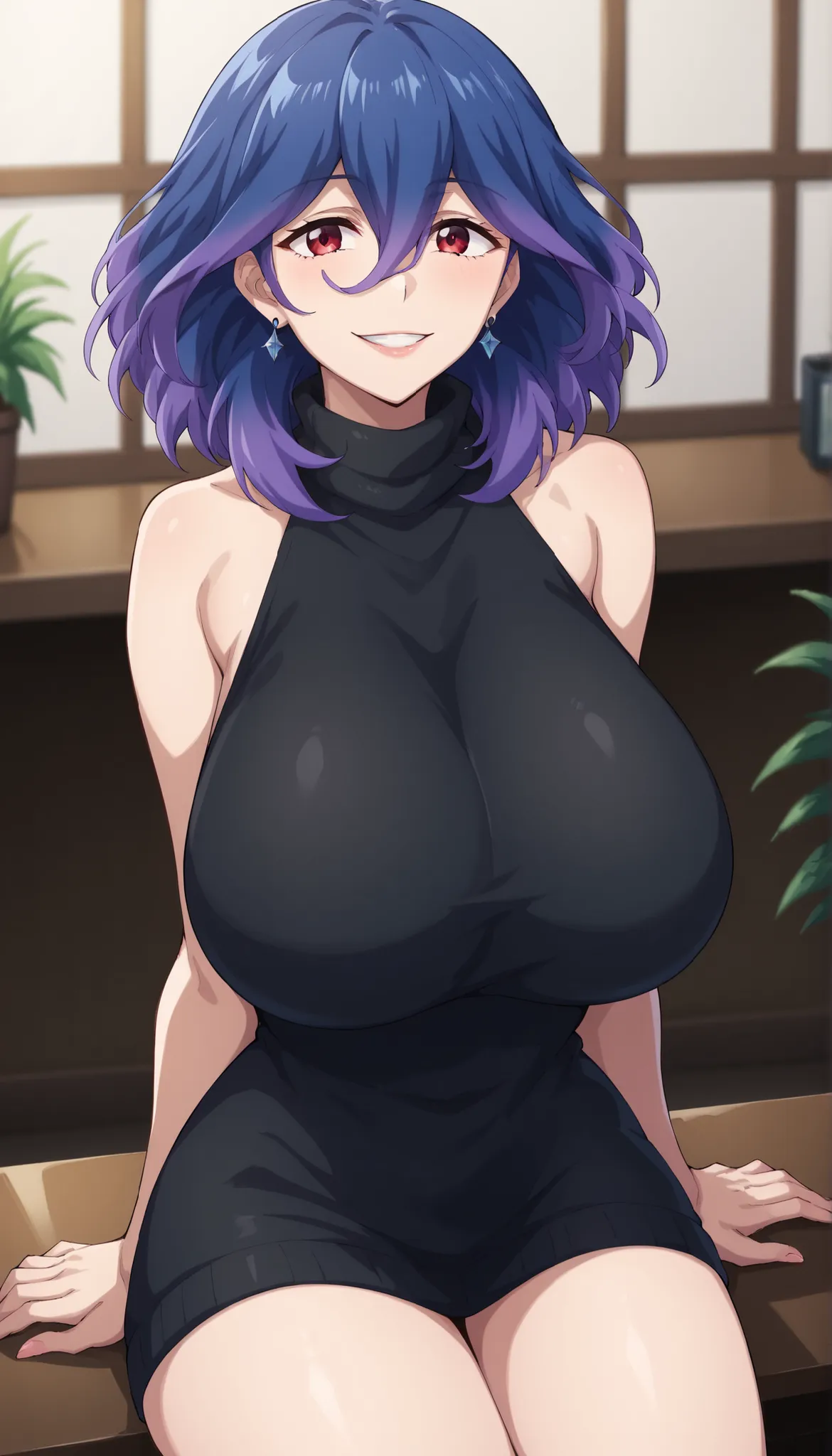 score_9, score_8_up, score_7_up, score_6_up, score_5_up, score_4_up
vermeil, vermeil, red eyes, hair between eyes, blue hair, purple hair, multicolored hair, medium hair,
sweater, bare shoulders, sleeveless, turtleneck, black sweater, thighs,
indoors, bent...