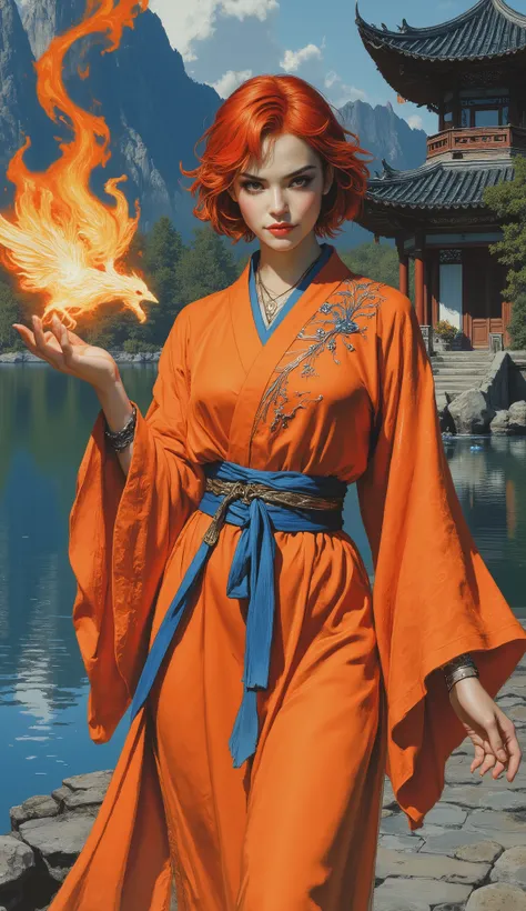 A breathtakingly beautiful noblewoman with messy short bright red hair and side-swept bangs, arched thick eyebrows, sharp shrewd eyes, and a slender face. She has a slim figure and is wearing a fantasy wuxia style loose solid-colored Taoist robe with wide ...
