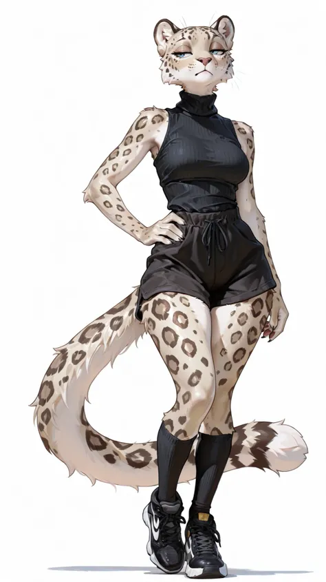 masterpiece, best quality, amazing quality, very aesthetic, high resolution, ultra-detailed, absurdres, newest, female, leopard, white fur, breasts, bored, paws, claws, fluffy tail, paws, claws, full body, white background, BREAK, photorealistic details, v...
