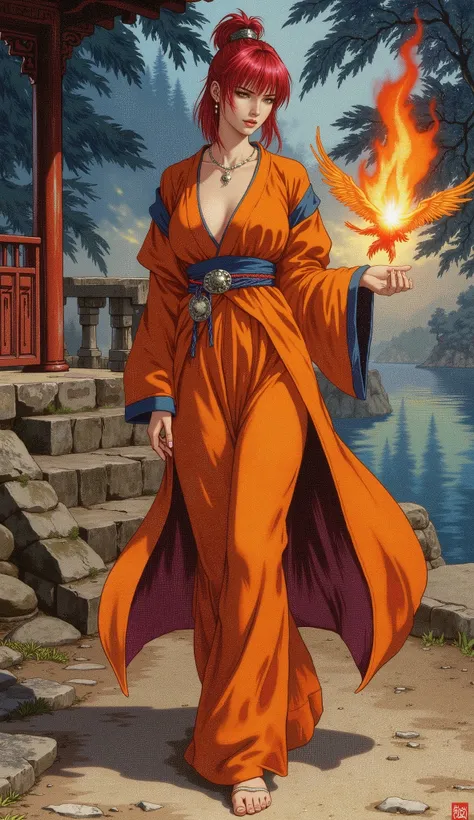 A breathtakingly beautiful noblewoman with messy short bright red hair and side-swept bangs, arched thick eyebrows, sharp shrewd eyes, and a slender face. She has a slim figure and is wearing a fantasy wuxia style loose solid-colored Taoist robe with wide ...