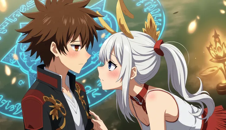 Anime-style fantasy scene with a close-up of a white-haired girl and a brown-haired boy standing face-to-face, intense eye contact, the girl leaning forward confidently and teasing the boy, glowing magical runes in the background, ancient spell circle with...