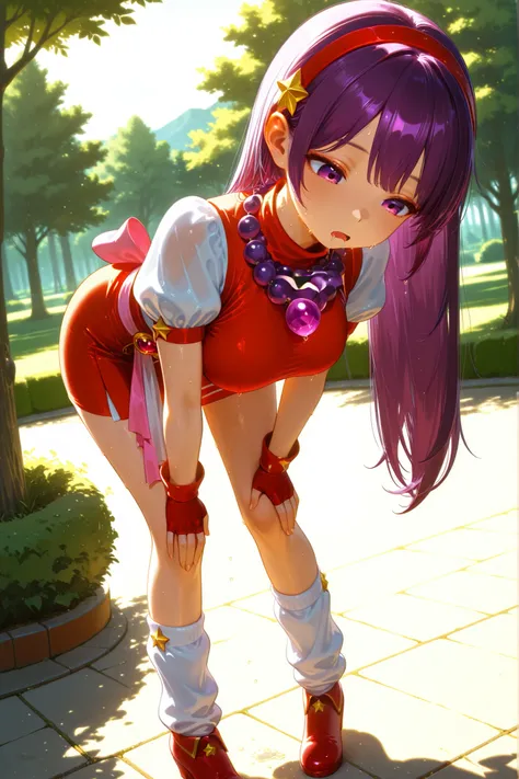 1girl, asamiya athena, Athnea96, purple hair, long hair, red hairband, pink turtleneck, purple beads necklace, red Sleeveless shirt, pink puffy sleeves, short sleeves, medium breasts, red miniskirt, fingerless gloves, pink sash, pink Loose socks, (Red fold...