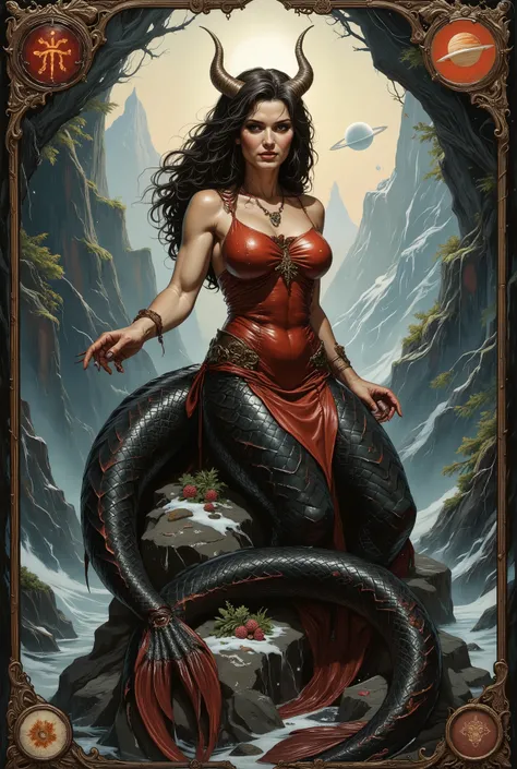 A powerful and elegant personification of the Capricorn zodiac sign (♑), depicted as a mystical woman seated atop a sharp, ancient rock formation. She is the embodiment of the Earth element — grounded, wise, and unshakable. Her long, graceful body transfor...