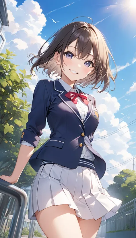blazer uniform、Grown up high school girl in a miniskirt that's too short、With a grown up smile,style、Summer Sky's Way to School、