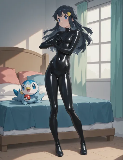 High quality, 1girl, pokemondawn, pokemon dawn, black hair, blue eyes, sidelocks, long hair, using latex full body suit, glossy