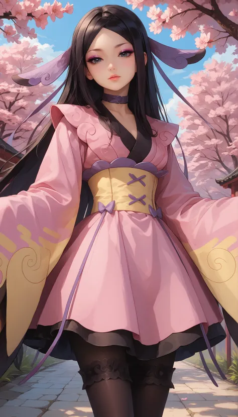 zzValerie, long hair, black hair, black eyes, parted bangs, eyeshadow, hair ornament, black pantyhose, choker, dress, furisode, japanese clothes, kimono, long flowing sleeves that completely cover hands and fingers, sleeves draping naturally to obscure han...