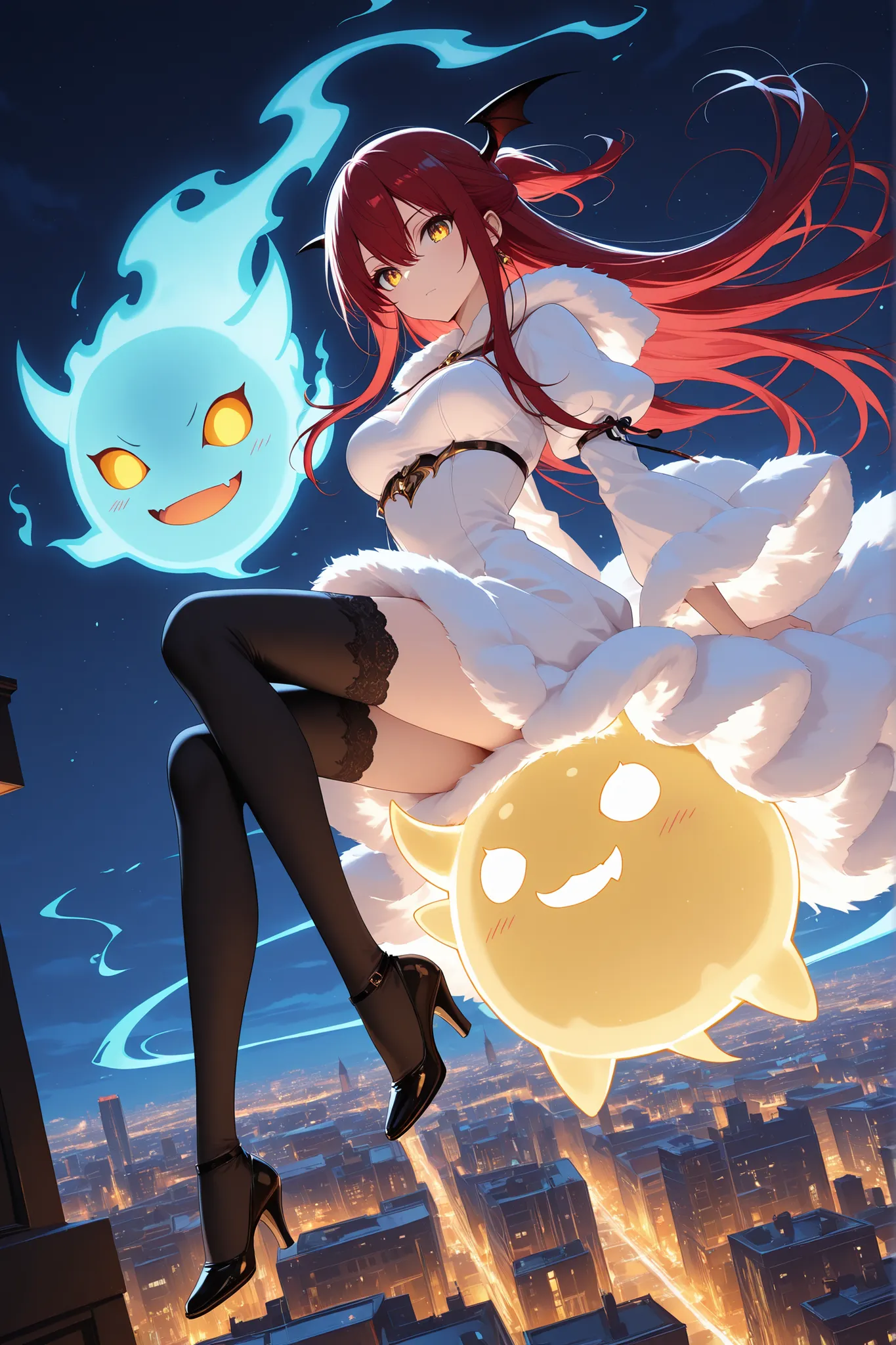anime screenscap,1 girl , golden eyes , very long hair , long sidelocks, red hair ,half updo, petite , very cute , beautiful ,Straight hair, cool, handsome, hair between eyes, sexy, medium breasts , sweet fluffy dress, solo, close-up, full body, looking at...