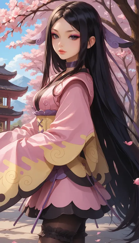zzValerie, long hair, black hair, big black eyes, highly detailed face, glossy detailed lips, parted bangs, eyeshadow, hair ornament, black pantyhose, choker, dress, furisode, highly detailed clothing, japanese clothes, kimono, long flowing sleeves that co...