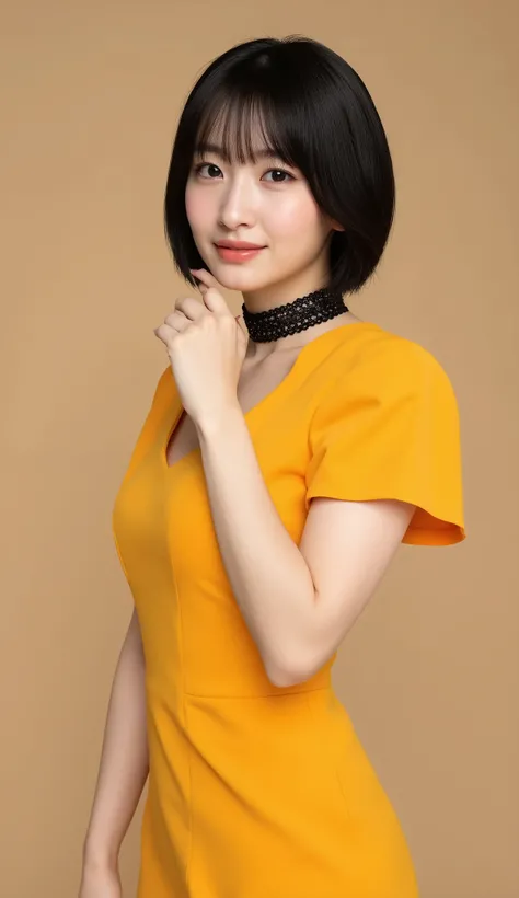 A high resolution photograph of a Japanese young woman with short hair, she is wearing a bright-colored stylish, elegant and cute women style office dress alongside a black choker, cinematic lighting, full body shot, natural makeup, she's flirty and sensua...