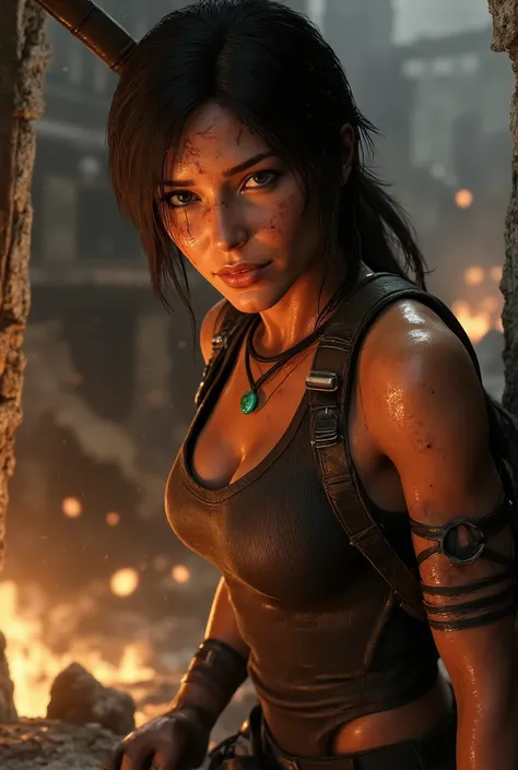 Lara Croft rises from a collapsing Mayan aqueduct, his mud-streaked face glistens in equatorial sunlight filtering through crumbling stone grids. Her compression-cut jersey clings to her warlike abs, rainwater flows on the relief of her shoulders, while cl...