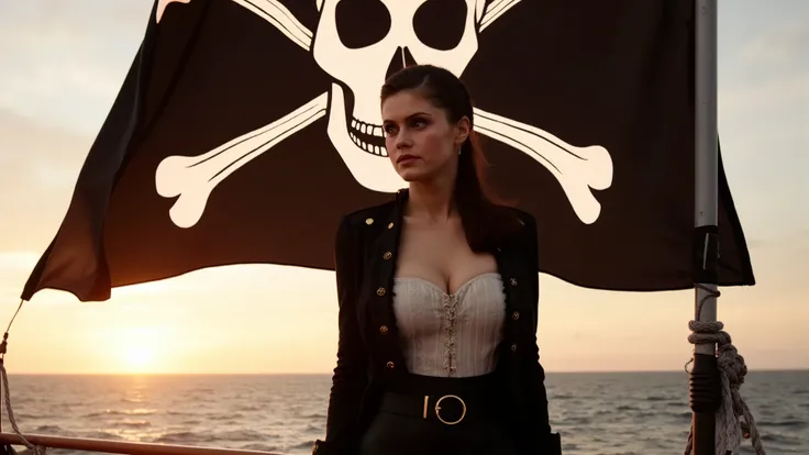 at dawn, a huge black pirate flag, decorated with a bright skull, flotte majestueusement dans une brise marine. Une femme pirate, mine et élancée avec des cheveux noirs, stands proudly on the deck of a ship, son regard déterminé captivant tous les regards....