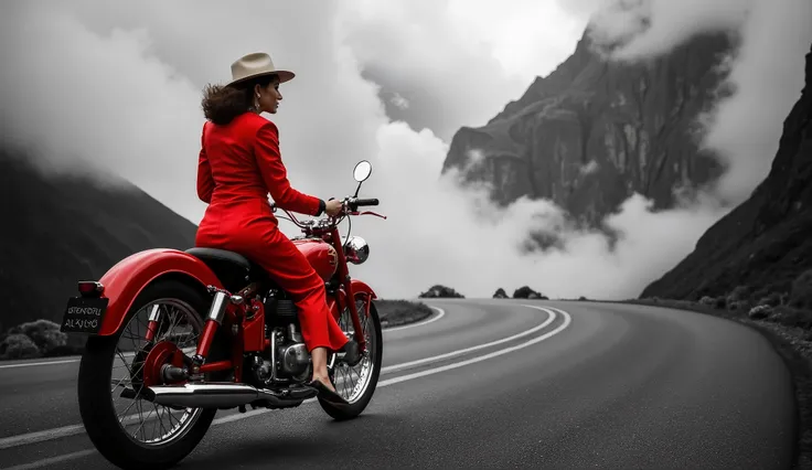 A stylish woman in a bright red blazer and white sunhat rides a vintage red motorcycle along a winding mountain road. She and the motorcycle are in vivid color, glowing against a dramatic black-and-white background of towering misty mountains and thick dri...