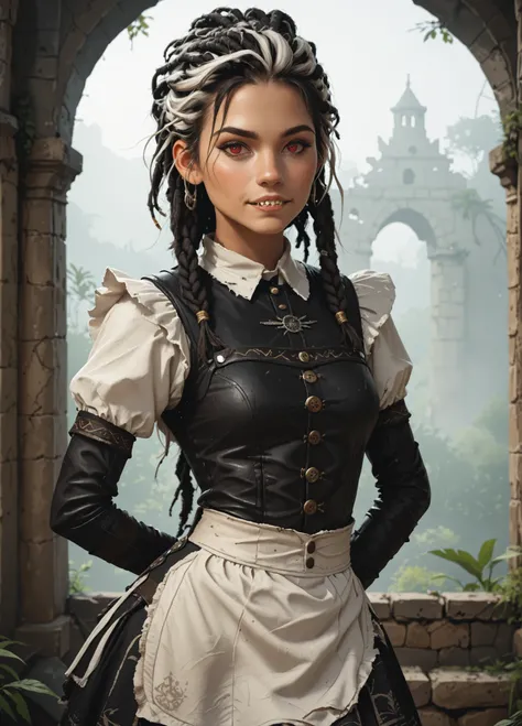 Slender body. White skin. Cute 18-year-old Aztec girl with Asian red eyes and sharp teeth and dreadlocks with white highlights. White strands of hair. She has a cute and beautiful face. She has a round and young face with a pointy chin. Her white body is a...