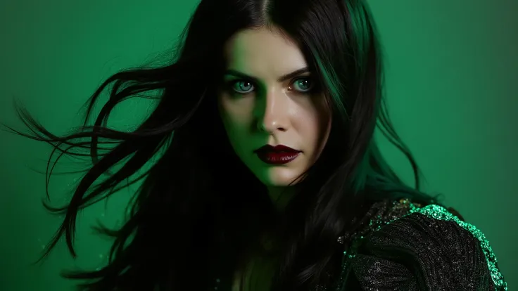 The image presents Morrigan from Dragon Age, rendered in a breathtaking painted portrait style that captures her enigmatic allure. Her piercing green eyes draw the viewer in, while her flowing, raven-black hair cascades around her shoulders, framing her fa...