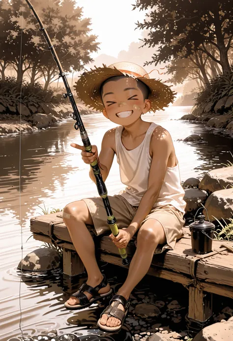 masterpiece, best quality, ultra-detailed, very aesthetic, absurdres, sepia, 1child boy, solo, black buzz cut, black eyes, bandaid on face, straw hat, white tank top, light-brown knee-length shorts, sandals, sitting, fishing, hold a fishing-rod, grin, miss...