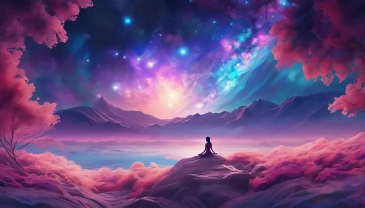  Woman dreaming in a beautiful galaxy ,Soft and surreal colors,(Highest Quality,4K,high resolution:1.2),Super Detailed,Impressionist style,Night sky full of stars,dreamy atmosphere,Gentle Moonlight,cosmic pattern,The serene atmosphere of,Subtle Transitions...