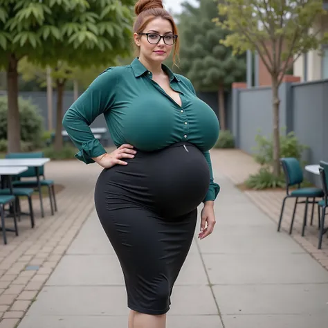 Beautiful teacher,  mature pregnat woman, glasses (((40 YEARS))),  proud and strict woman, she supervises the schoolyard during the long break, the students are around her and admire her radiating grace and beauty, she is a white-skinned woman, beautiful f...