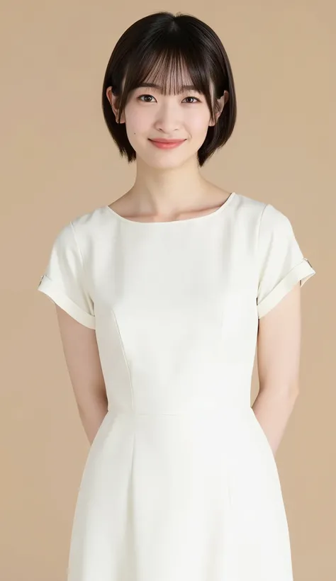 A high resolution portrait of a Japanese young woman with short hair, she is wearing a white, stylish, and elegant women office dress, cinematic lighting, full body shot, natural makeup, she has a calm expression staring at the camera with a soft small smi...