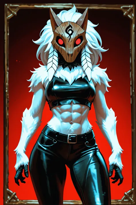masterpiece, newest, absurdres, safe, Grown-up Kindred-Lamb from LoL. White fur body. Thick furry body. She is athletic with abs. Short medieval leather hot-pants. Wooden mask. Red eyes. Background: medieval jungle ruins. Realistic lighting. DnD art-style....