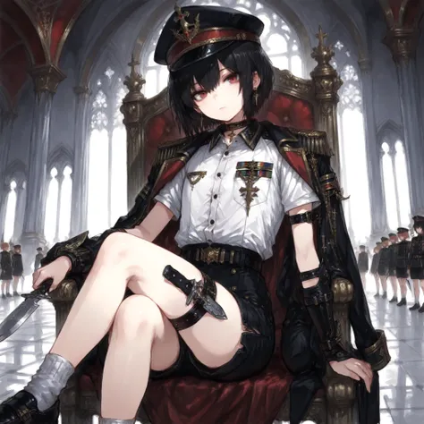 ((Best Quality)), ((masterpieces)), (detailed), Perfect Face, SOLO, ((femboy)), tomgirl, ANIME, beautiful detailed eyes, BOB hair, BOBed hair, black hair, RED EYES, BARE thighs, (((BARE LEG))), ((BLACK short pants)), (((dress shirt))), ((Flat chest)), Chok...