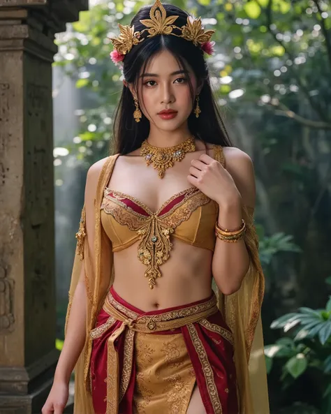 High-resolution fantasy portrait of a stunning tan-skinned Southeast Asian woman dressed in a traditional ceremonial costume inspired by Sumatran royal attire. She has a graceful and confident posture, expressive almond-shaped eyes, high cheekbones, and fu...