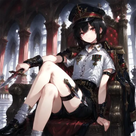 ((Best Quality)), ((masterpieces)), (detailed), Perfect Face, SOLO, ((femboy)), tomgirl, ANIME, beautiful detailed eyes, BOB hair, BOBed hair, black hair, RED EYES, BARE thighs, (((BARE LEG))), ((BLACK short pants)), (((dress shirt))), ((Flat chest)), Chok...